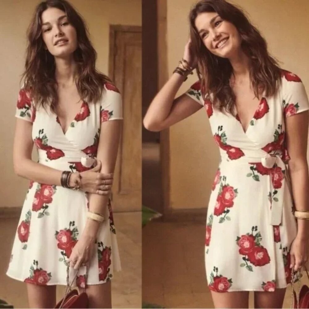 Sezane Anastasia Silk Floral Wrap Dress Ecru Peony Size 34 US 2